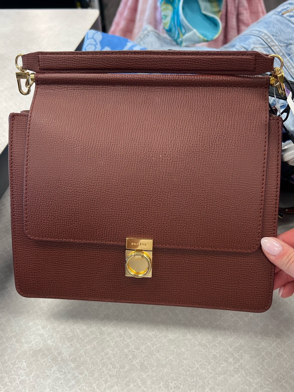 Polene Numero Sept Top Handle Bag In Textured Leather Burgundy Bordeaux